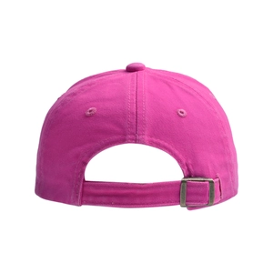 Detail of deep pink cotton baseball cap back with adjustable bronze metal buckle