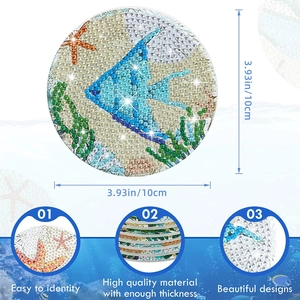 Detail view of 5D DIY diamond painting coasters showing material layers and ocean fish design