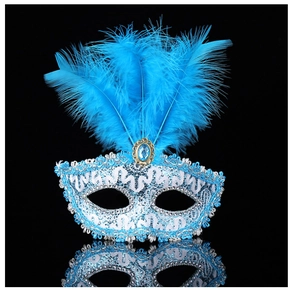 Detail of blue masquerade mask with feathers, silver lace trim and oval faux gemstone