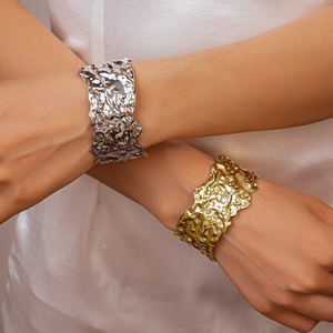 Minimalist lava texture metal cuff bracelets in gold and silver finish for women