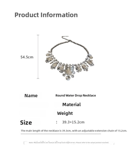 Detailed size specifications for vintage rhinestone fringe necklace with teardrop crystals