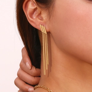 18K gold plated stainless steel tiered tassel chain drop earrings on model