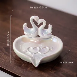 Pearlescent white ceramic swan heart soap dish tray and jewelry storage holder