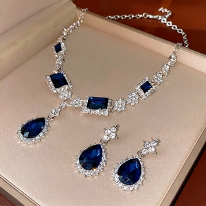 Elegant Blue Square Waterdrop Rhinestone Pendant Necklace Earring Set Alloy Electroplated Clavicle Chain Luxury Party Jewelry For Women