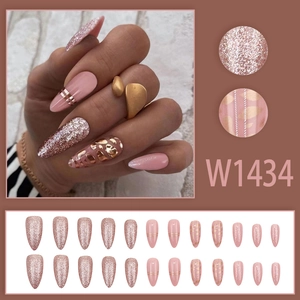 Pink glitter and leopard print long pointed press-on nails set, style W1434 with 24 pieces