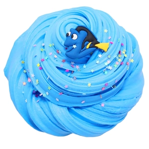 Top view of bright blue butter slime kit with colorful star sequins and cartoon fish