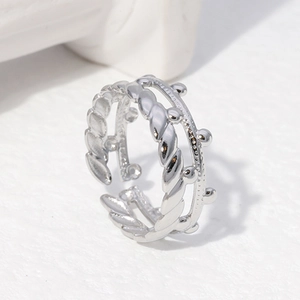 Silver crown double layered adjustable stainless steel ring with twisted rope design