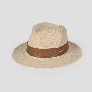 Detail of light beige straw boater hat featuring a brown fabric band with gold metal tag