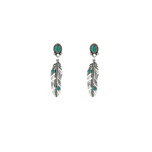 Detailed view of bohemian feather drop earrings with turquoise beads and vintage silver finish