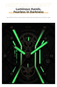 Macro shot of luminous green hands and markers on a black mechanical quartz watch
