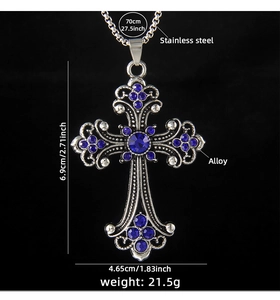 Detailed technical drawing of hip hop cross necklace with blue stone and dimensions