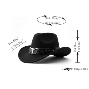 Detailed size chart for black western cowboy hat with cattle head metal ornament