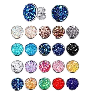Set of 20 pairs colorful 12mm titanium steel round stud earrings on white background