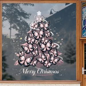 Elegant butterfly Christmas tree window sticker with Merry Christmas greeting for shops