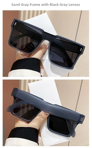 Detail view of matte sand gray oversized square sunglasses with gradient black lenses