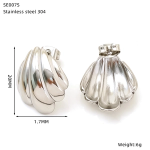 Detail view of silver 304 stainless steel shell earrings with size and weight specs