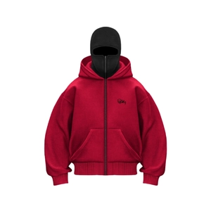 Oversized Y2K Kapuzenpullover in Rot mit Reißverschluss und integrierter schwarzer Sturmhaube