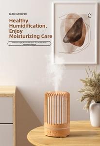 Detail of birdcage wood grain humidifier GLOW HUMIDIFIER with mist and ambient light