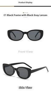 Detail view of retro square cat-eye sunglasses in C1 black frame with dark grey lenses