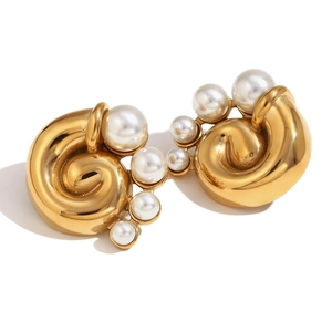 Elegant 18K gold plated hollow crescent stud earrings with micro-set pearls and spiral design
