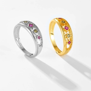 Macro shot of S925 sterling silver ring showing precise hallmark and colorful gemstones