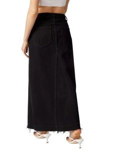 Women's black denim maxi skirt with back slit and frayed hem on a minimalist background