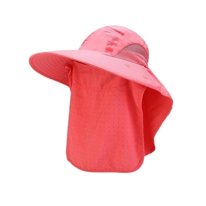 Detail of rose pink sun hat with breathable mesh vents and detachable face protection