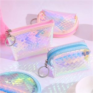 Mini transparent PVC coin purse with iridescent scale pattern and keychain attachment