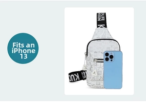 White crossbody chest bag with letter print shown next to iPhone 13 for size reference