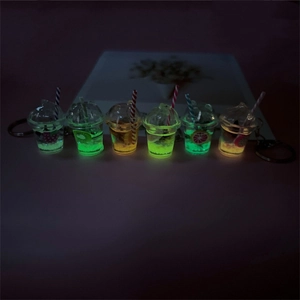 Luminous fruit milk tea cup keychains glowing in the dark, 6-piece pack for bags