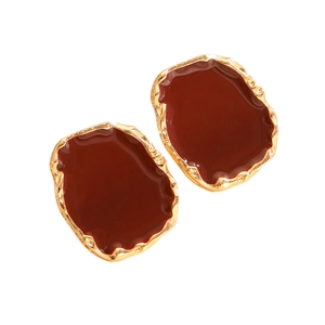 Vintage irregular gold-plated square stud earrings with dark red enamel glaze finish