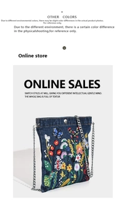 Detailed embroidery of colorful flowers and butterflies on dark blue denim crossbody bag