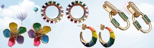 Detailed view of gold earrings with rainbow crystals and colorful enamel charms