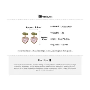 Detail view showing pink heart zircon earrings with size specs and copper material info