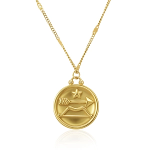 Detail of matte gold Sagittarius coin pendant on a polished stainless steel chain