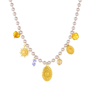 Collana di perline in acciaio inox con pendente a sole dorato e multi-elementi