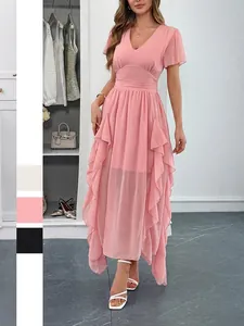 V Neck Short Flutter Sleeve Maxi Dress Chiffon Ruffle Hem High Waist Elegant Vacation Style For Women Solid Color
