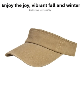 Detail view of khaki sun visor hat with wide brim and reinforced stitching details