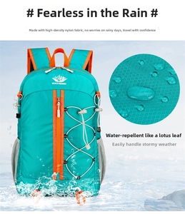 Water repellent detail of the green outdoor backpack showing splashing water drops on nylon