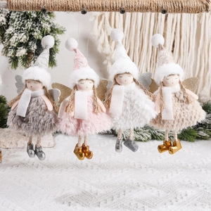 Christmas Angel Ornaments Plush Fabric Fairy Hanging Dolls With Glitter Wings And Knit Hats For Xmas Tree Decoration