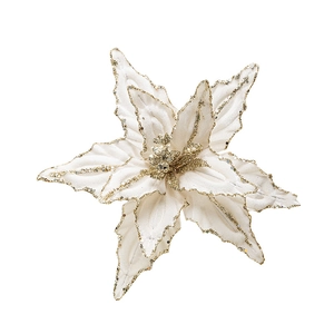 Creamy white artificial poinsettia flower with gold glitter edges for Christmas tree decor