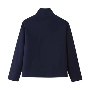 Deep blue high-neck long-sleeve jacket with button accents for women, back view flat lay