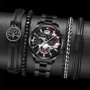 Men's black steel Geneva watch set with four coordinated minimalist fashion bracelets