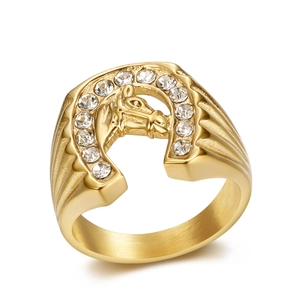 Gold plated stainless steel horse head ring with sparkling crystals for men