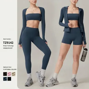 Women Top And Bottom Brushed Yoga Sportswear Thumbhole Zipper Jacket High Waist Scrunch Butt Shorts Leggings Gym Outfit