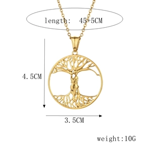 Detailed dimensions of gold tree of life necklace with lovers silhouette and chain length