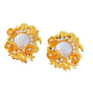 Vintage palace style gold flower earrings with imitation pearls and sparkling rhinestones