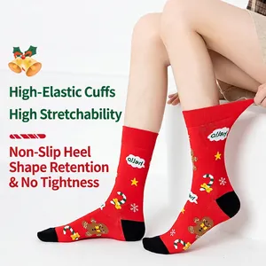 Men's red Christmas crew socks featuring gingerbread men and snowflakes on white background