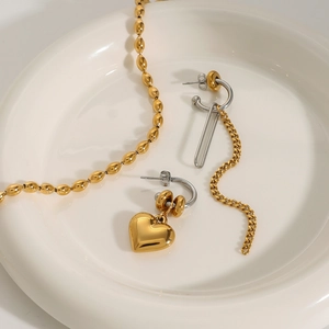 Stainless steel heart earrings and beaded necklace jewelry set with gold and silver finish