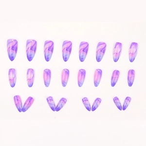 Glossy purple marble gradient stiletto press-on nails 24pcs set with almond shape design